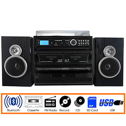 Category: Dropship Gadgets & Gifts, SKU #TRX-811BS, Title: Trexonic 3-Speed Vinyl Turntable Home Stereo System with CD Player, Dual Cassette Player, Bluetooth, FM Radio & USB/SD Recording and Wired Shelf Speakers