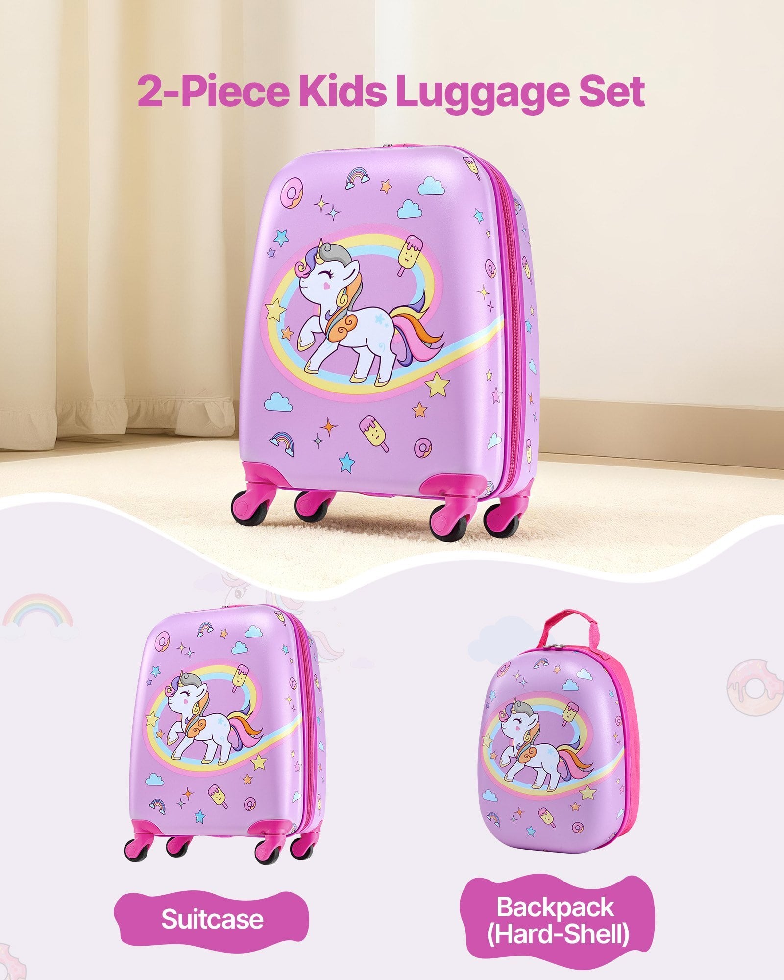 Kids Luggage Set, 2 Piece, 18 Inch Hardside Rolling Wheels Suitcase with Hard-Shell Backpack, Unicorn Kids Carry on Luggage Set, Holiday Birthday Gift for Girls & Boys, Airline Approved