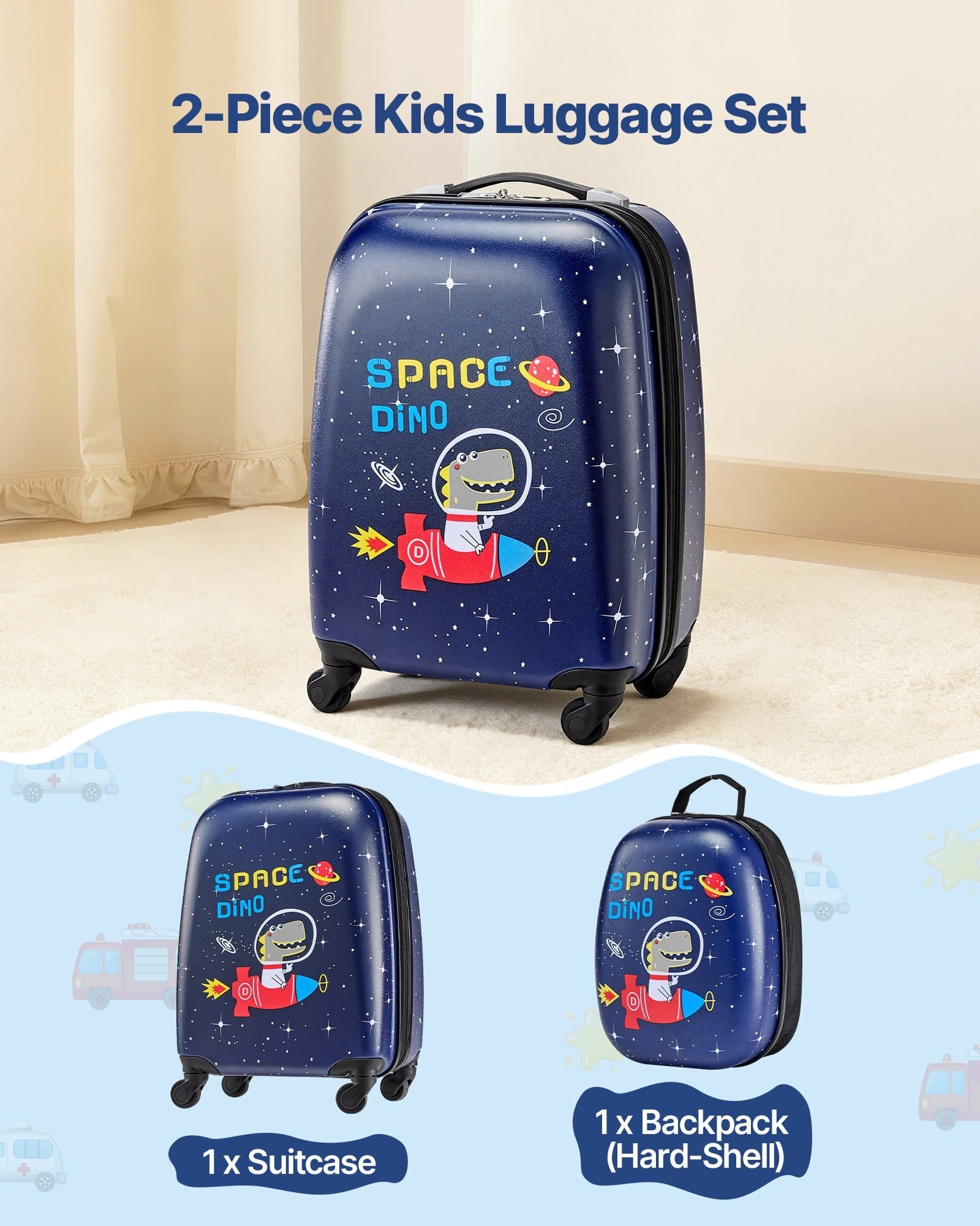 Kids Luggage Set, 2 Piece, 18 Inch Hardside Rolling Wheels Suitcase with Hard-Shell Backpack, Dinosaur Kids Carry on Luggage Set, Holiday Birthday Gift for Girls & Boys, Airline Approved