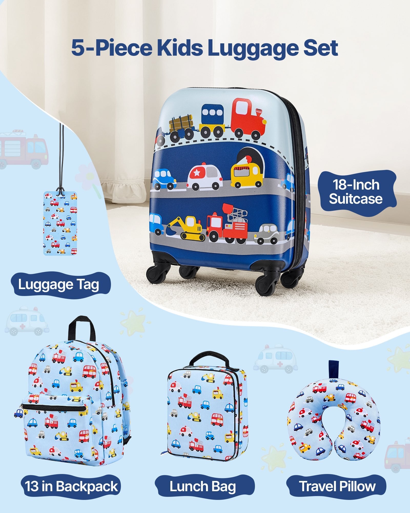 Kids Luggage Set, 5 Piece, 18 Inch Hardside Rolling Wheels Suitcase with Backpack & U-shape Pillow, Truck Kids Carry on Luggage Set, Holiday Birthday Gift for Girls Boys, Airline Approved