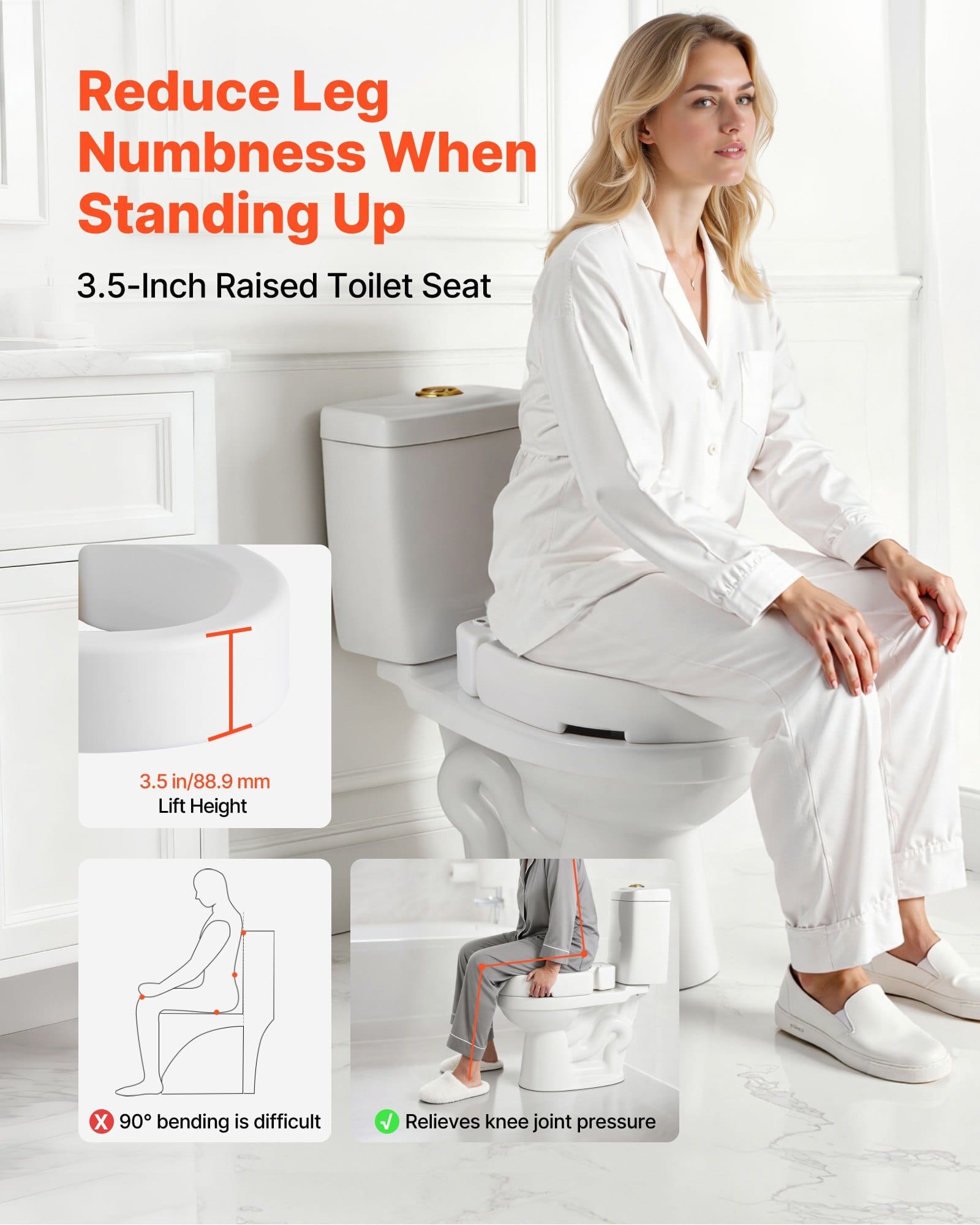Raised Toilet Seat, 300 lbs Load Capacity, 3.5-Inch Lift Height, Commode Elevated Toilet Seat Riser with Enlarged Opening for Seniors, Elderly, Handicap, Disabled, and Adults, Fits Round Bowl