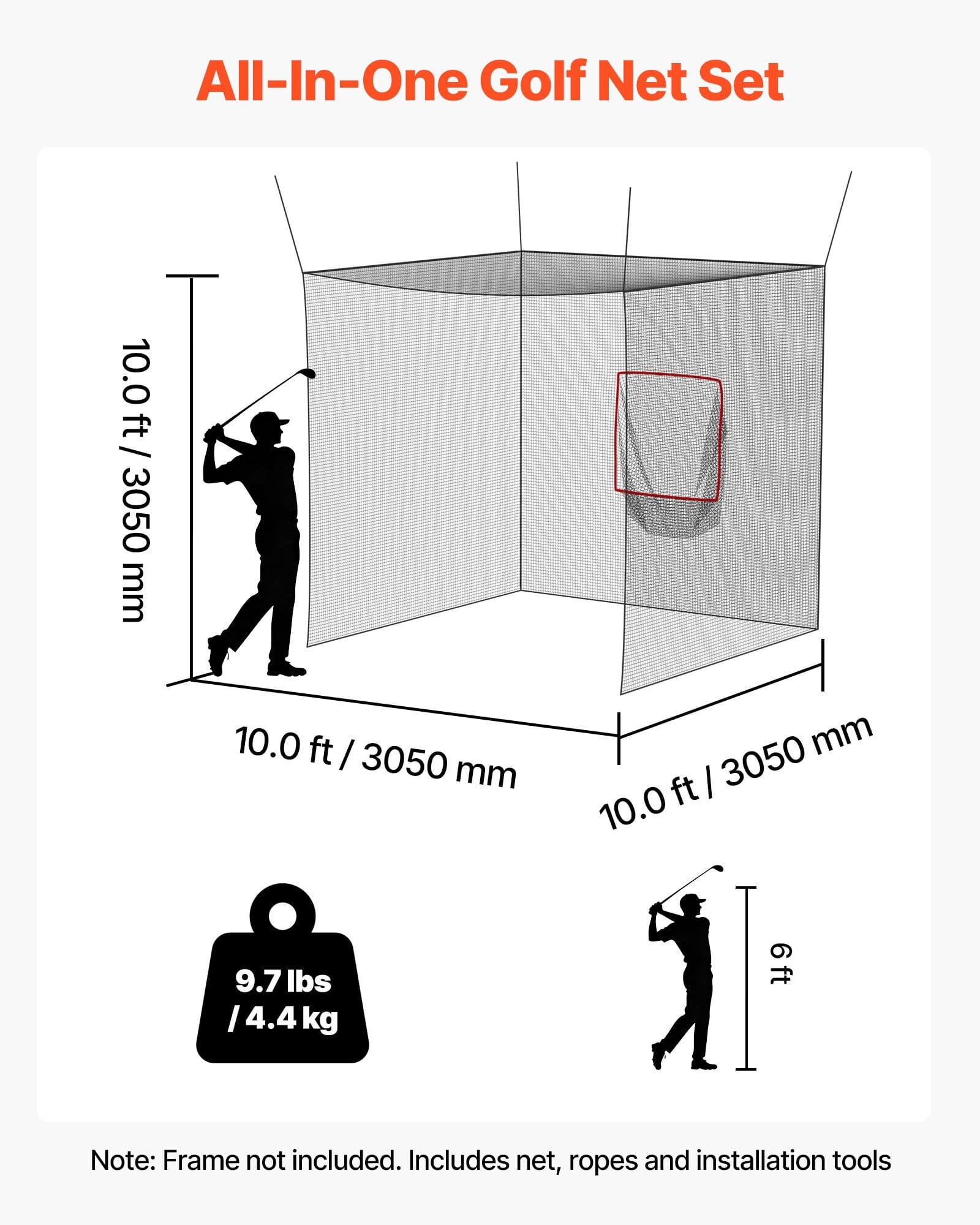 Golf Batting Cage, 10 x 10 x 10 FT Golf Cage, Driving Hitting Cages with 3-Ply Knotless Polyester, Golfs Target & 9-Hole Baseball Target, Golfs Hitting Net for Indoor, Outdoor, Backyard