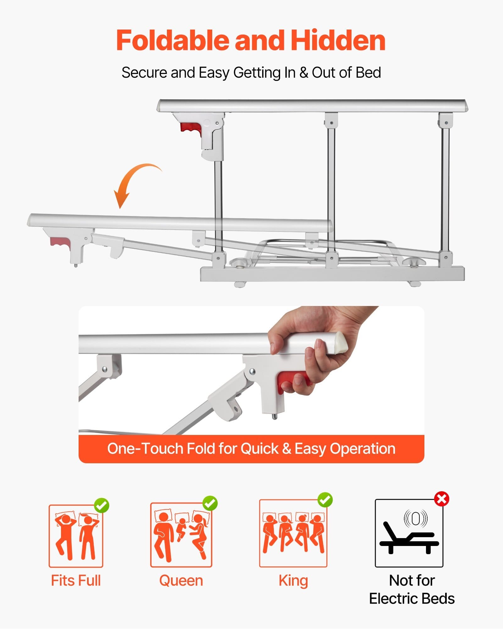 Foldable Bed Rail for Elderly, 28 in Bedside Assist Rail with Fixing Strap, Adjustable Height Pipe Bedside Cane, High-Strength Metal Senior Bed Bar, Hand Guard Grab Fits King, Queen, Full, Twin