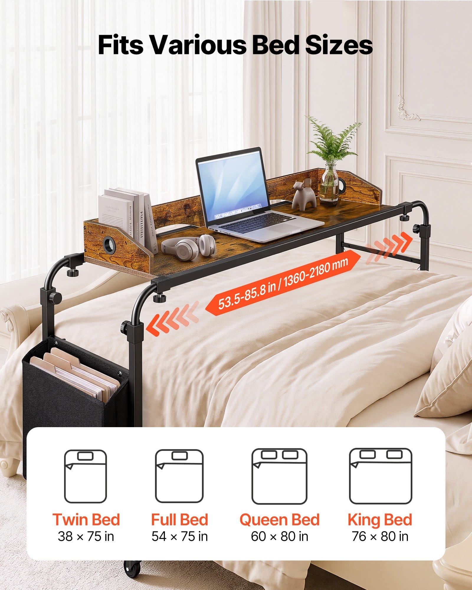 Overbed Table 41.7"W x 14.2"D Mobile Bed Desk with Swivel Wheels, for Bedroom Living Room Home Office, Adjustable Height & Length, Rolling Table with Side Storage Pocket & Raised Edge, Brown