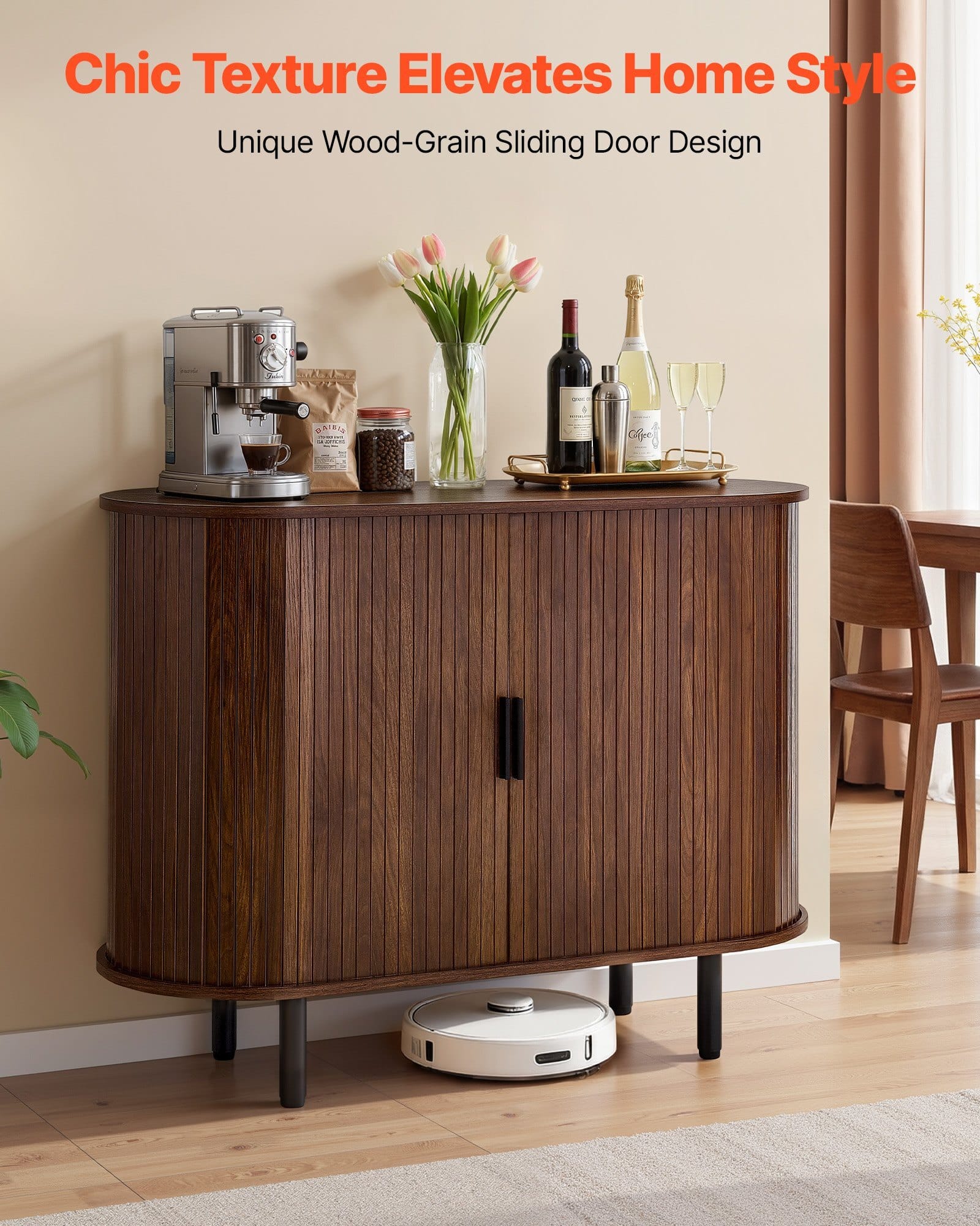 Coffee Bar Cabinet, Mid Century Fluted Coffee Bar Table, Buffet Stand Cabinet with 2 Sliding Doors, Sideboard Buffet Station for Living Room, Entryway, Kitchen, 39.3 x 15.7 x 29.5 in, Walnut