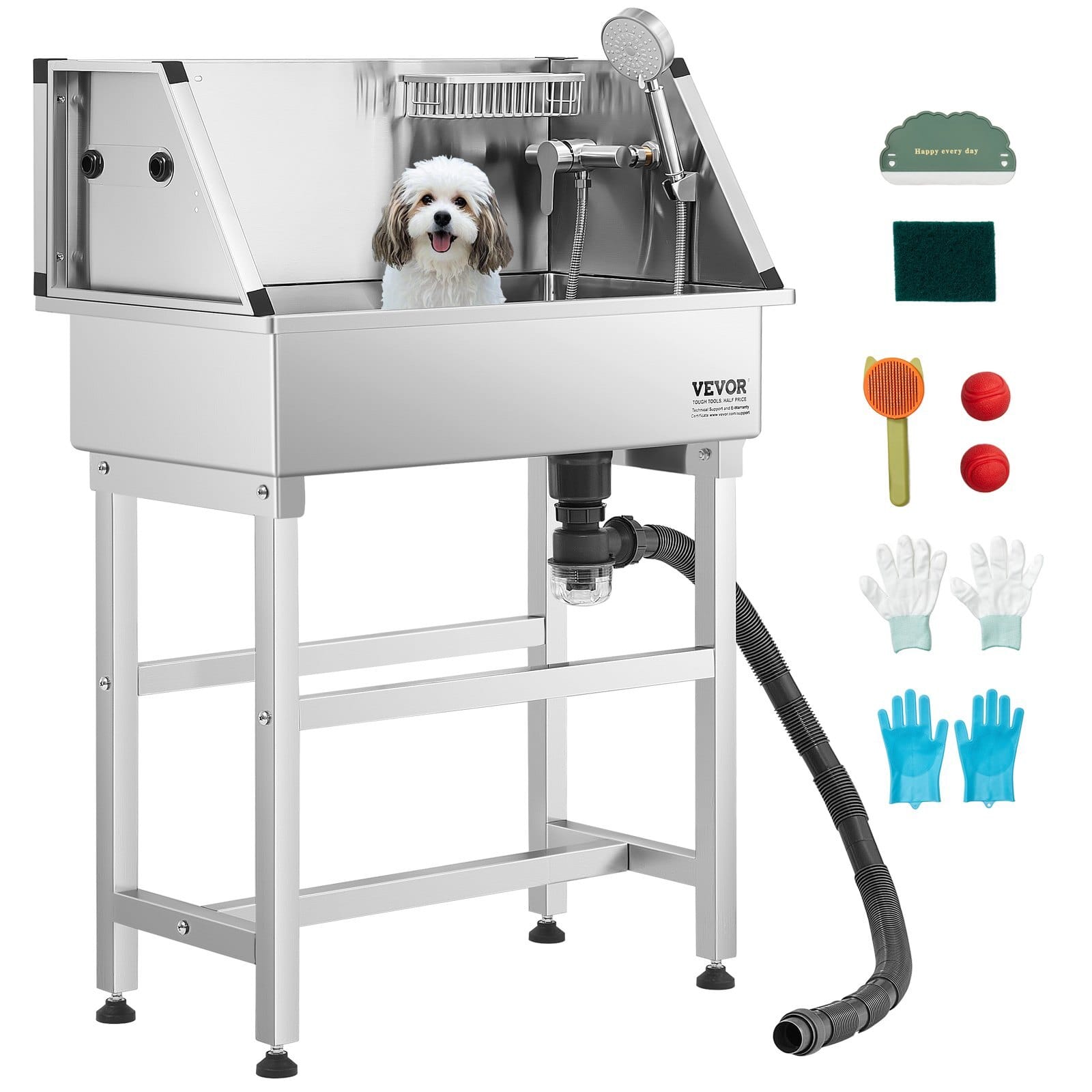 34 Inch Stainless Steel Dog Washing Station, Pet Grooming Tub with Hot & Cold Faucet, Showerhead, Storage Rack, No-Bend All-in-One Bathtub, Home Wash Sink, Fits Small Cats and Dogs