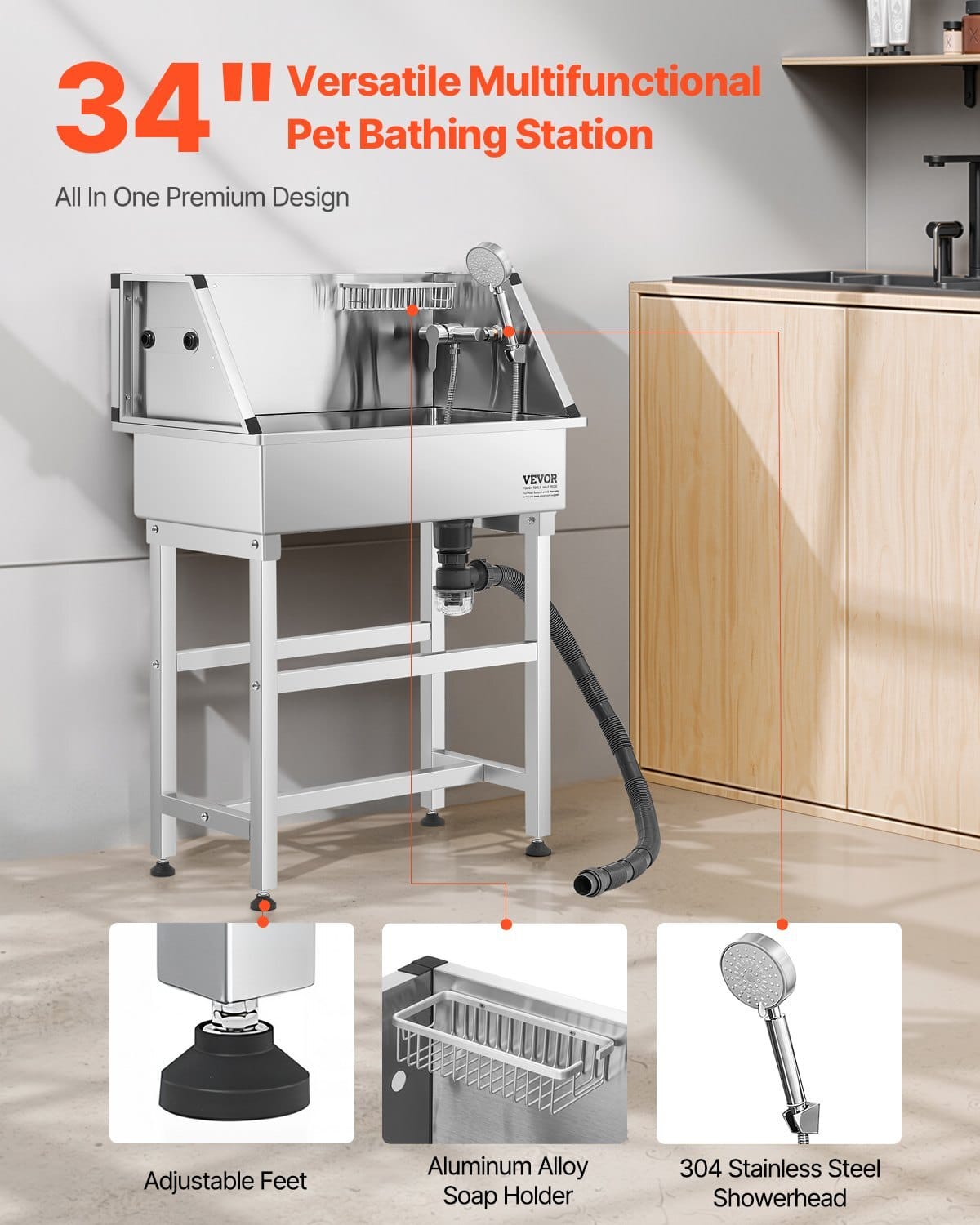 34 Inch Stainless Steel Dog Washing Station, Pet Grooming Tub with Hot & Cold Faucet, Showerhead, Storage Rack, No-Bend All-in-One Bathtub, Home Wash Sink, Fits Small Cats and Dogs - Image 2