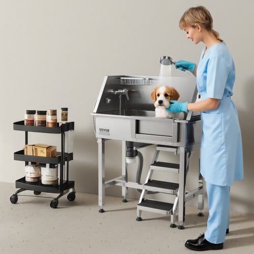 34" Dog Washing Station, Stainless Steel Pet Grooming Tub Bathtub, Professional Dog Wash Sink with Shower, Faucet, Soap Holder, Non-Slip Stairs Easy-Clean Design for Small Pets Cats (Right Door) - Image 7
