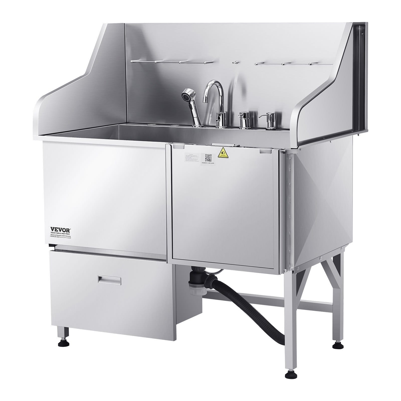 304 Stainless Steel Dog Washing Station, 50 Inch Pet Grooming Tub with Non-Slip Low-Slope Ramp, Storage Drawer, Hot & Cold Faucet, All-in-One Bath for Grooming Shop, Fits All Sizes (Right Door)