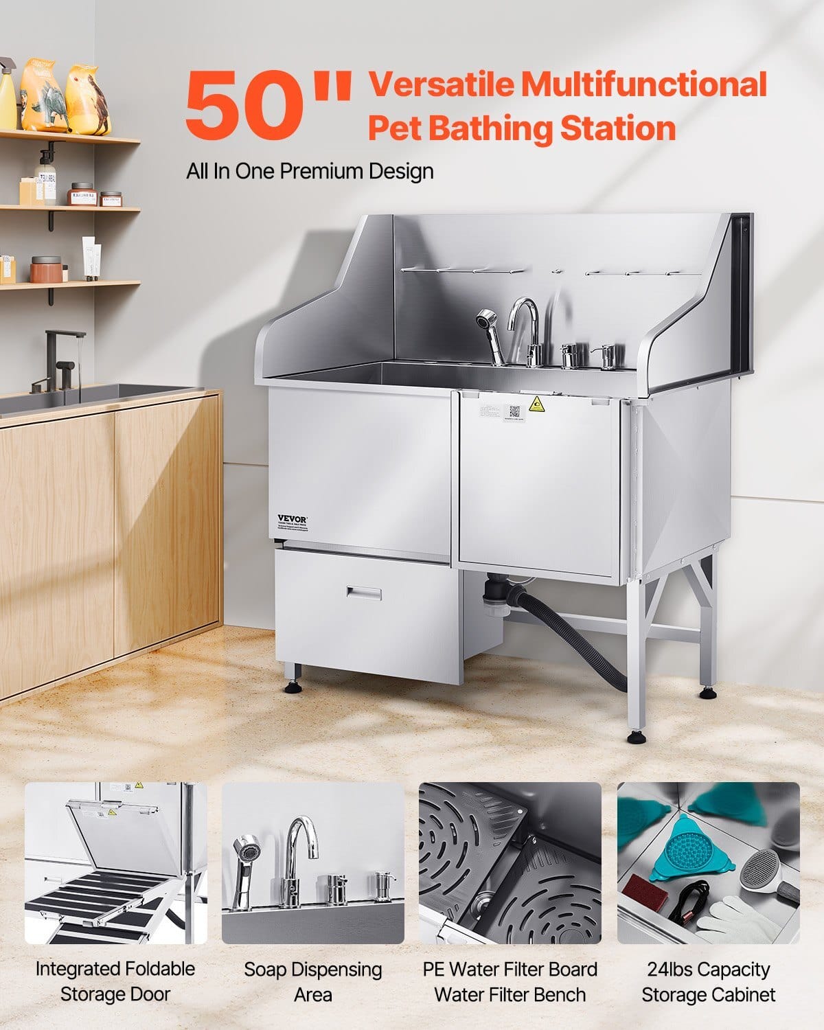 304 Stainless Steel Dog Washing Station, 50 Inch Pet Grooming Tub with Non-Slip Low-Slope Ramp, Storage Drawer, Hot & Cold Faucet, All-in-One Bath for Grooming Shop, Fits All Sizes (Right Door) - Image 2