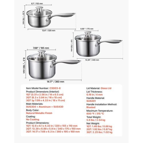 Stainless Steel Saucepan Set, 1 QT & 2 QT & 3 QT Saucepans with Glass Lids, Multipurpose Nonstick Stainless Steel Sauce Pot with Ergonomic Handle, Friendly for Oven, Dishwasher, Induction Cooker - Image 6