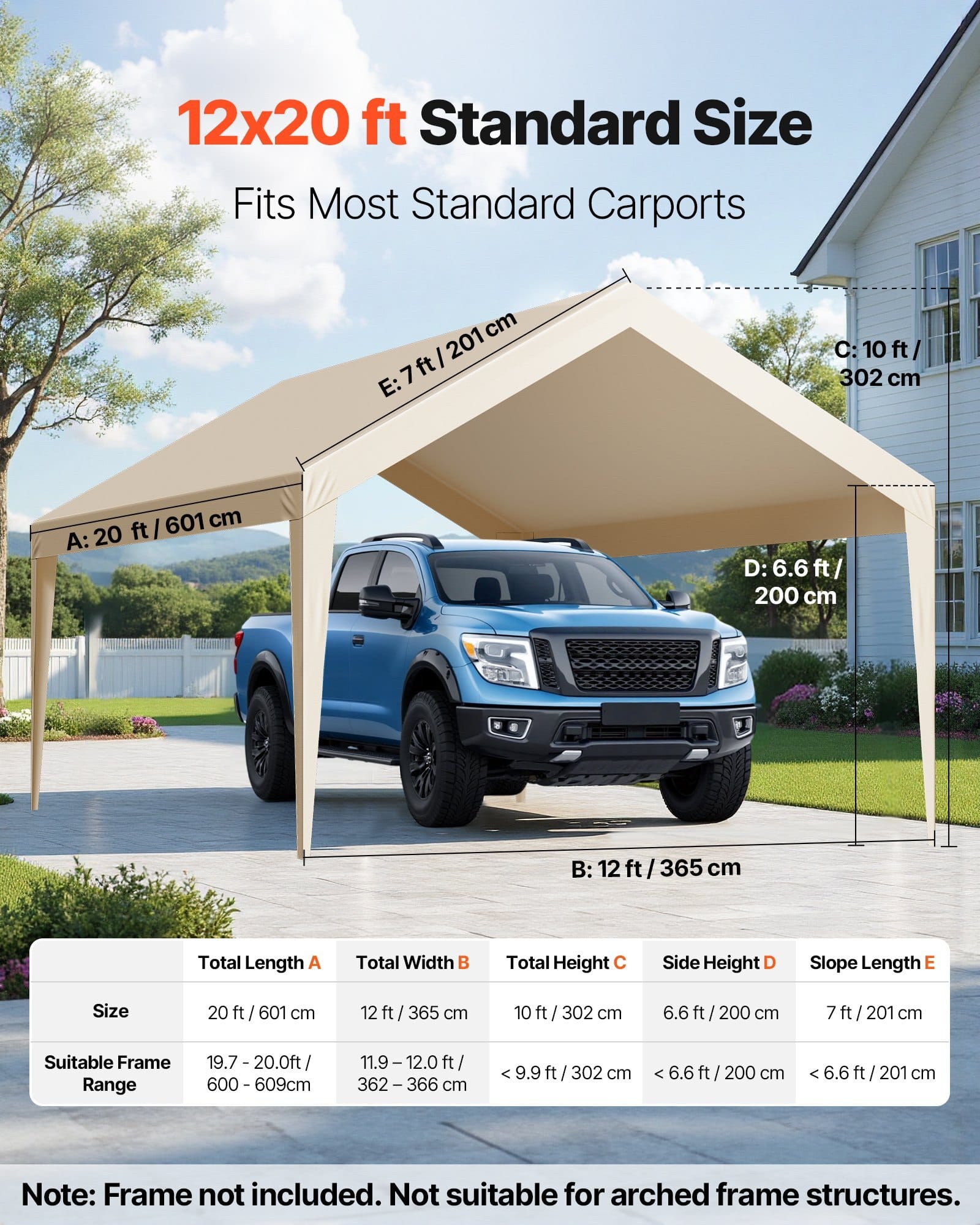 Carport Replacement Canopy, 12 x 20 ft Potable Garage Tent Top Tarp, UV-Resistant & Waterproof Car Shelter Tarp, Heavy Duty Car Port Cover with Ball Buggees, Beige, Frame Not Included