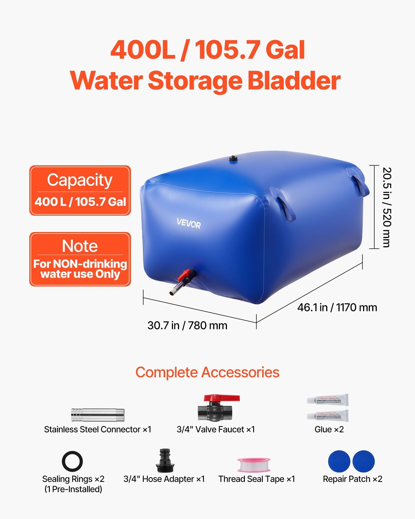 Water Storage Bladder 105.7 Gallon Large Capacity Water Bag, Portable & Collapsible Soft Waters Container, Leakproof & Tear-Resistant PVC Emergency Waters Storage Tank for RV Truck & Outdoor Use