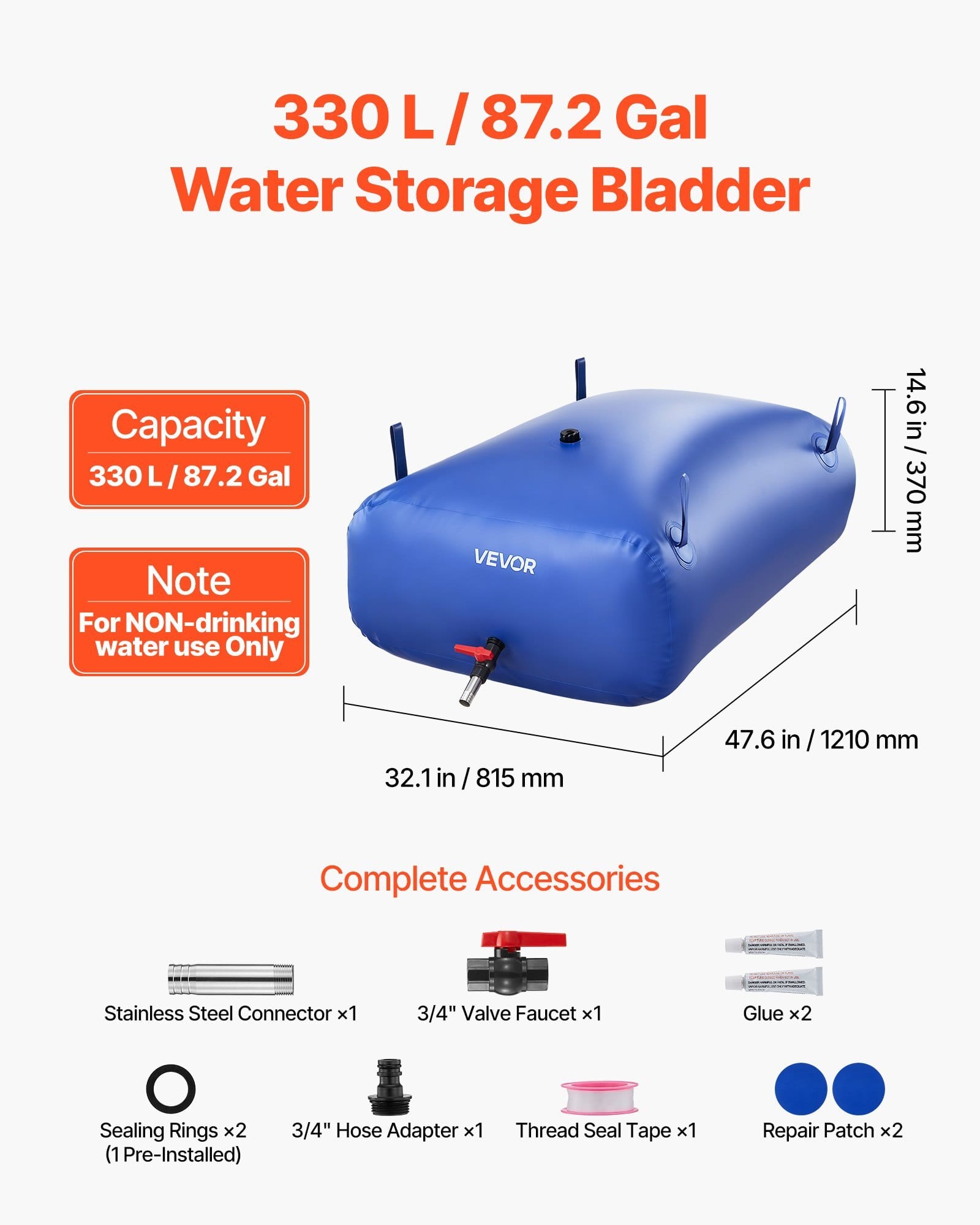 Water Storage Bladder, 87.2 Gal Collapsible Water Storage Bag, Wear-Resistant 1000D PVC Soft Waters Bag, Leakproof Camping Tank Containers for Garden Irrigation RV Emergency Use, Blue