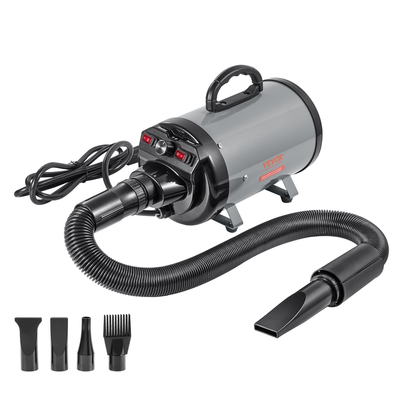 Dog Dryer, 2000W/2.7HP Dog Blow Dryer, Pet Grooming Dryer with Adjustable Speed and Temperature Control, Pet Hair Dryer with 4 Nozzles and Extendable Hose, Grey and Black