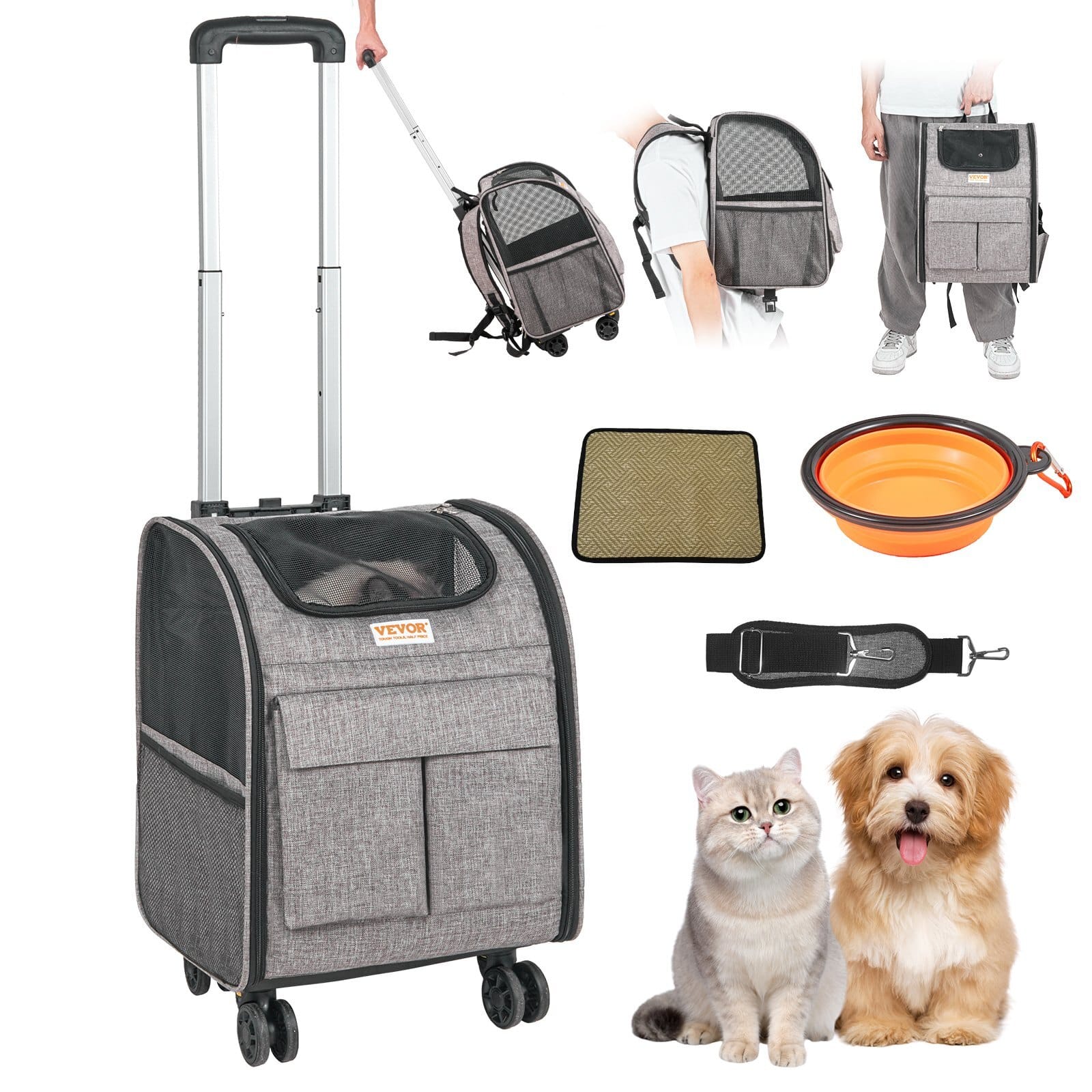 Rolling Pet Carrier Backpack with Removable Wheels for Under 18LBS, Large Soft Sided Wheeled Dog Carrier Cat Travel Carrier Airline Approved for Small Dogs and Medium Cats with Upgraded Wheels