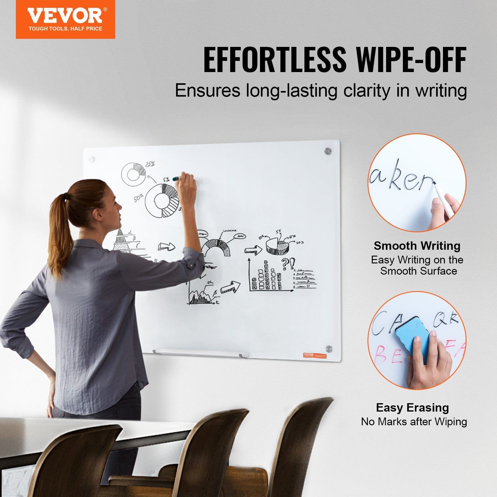 Magnetic Glass Whiteboard, Dry Erase Board 36"x24", Wall-Mounted Large White Glassboard Frameless, with Marker Tray, an Eraser and 2 Markers, White - Image 2