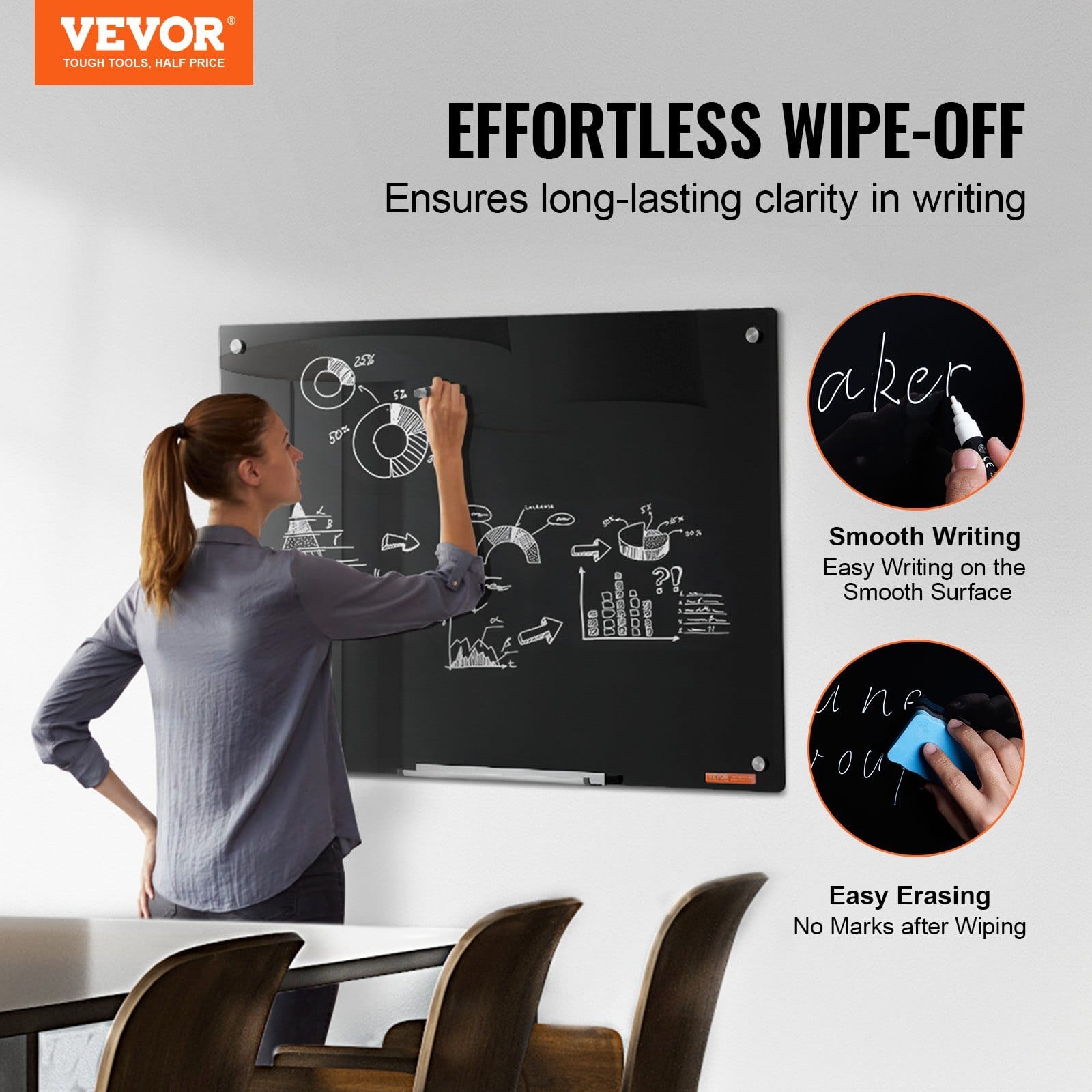 Magnetic Glass Whiteboard, Dry Erase Board 36"x24", Wall-Mounted Large White Glassboard Frameless, with Marker Tray, an Eraser and 2 Markers, Black - Image 2