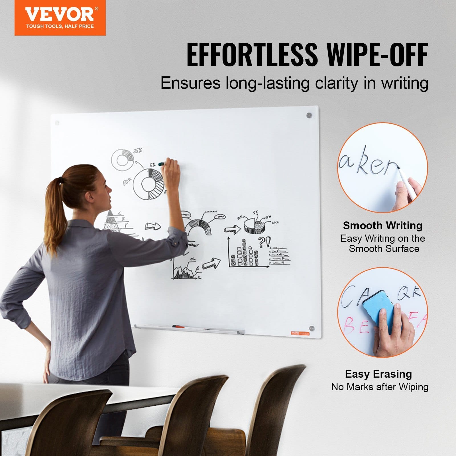 Magnetic Glass Whiteboard, Dry Erase Board 48"x32", Wall-Mounted Large White Glassboard Frameless, with Marker Tray, an Eraser and 2 Markers, White - Image 2