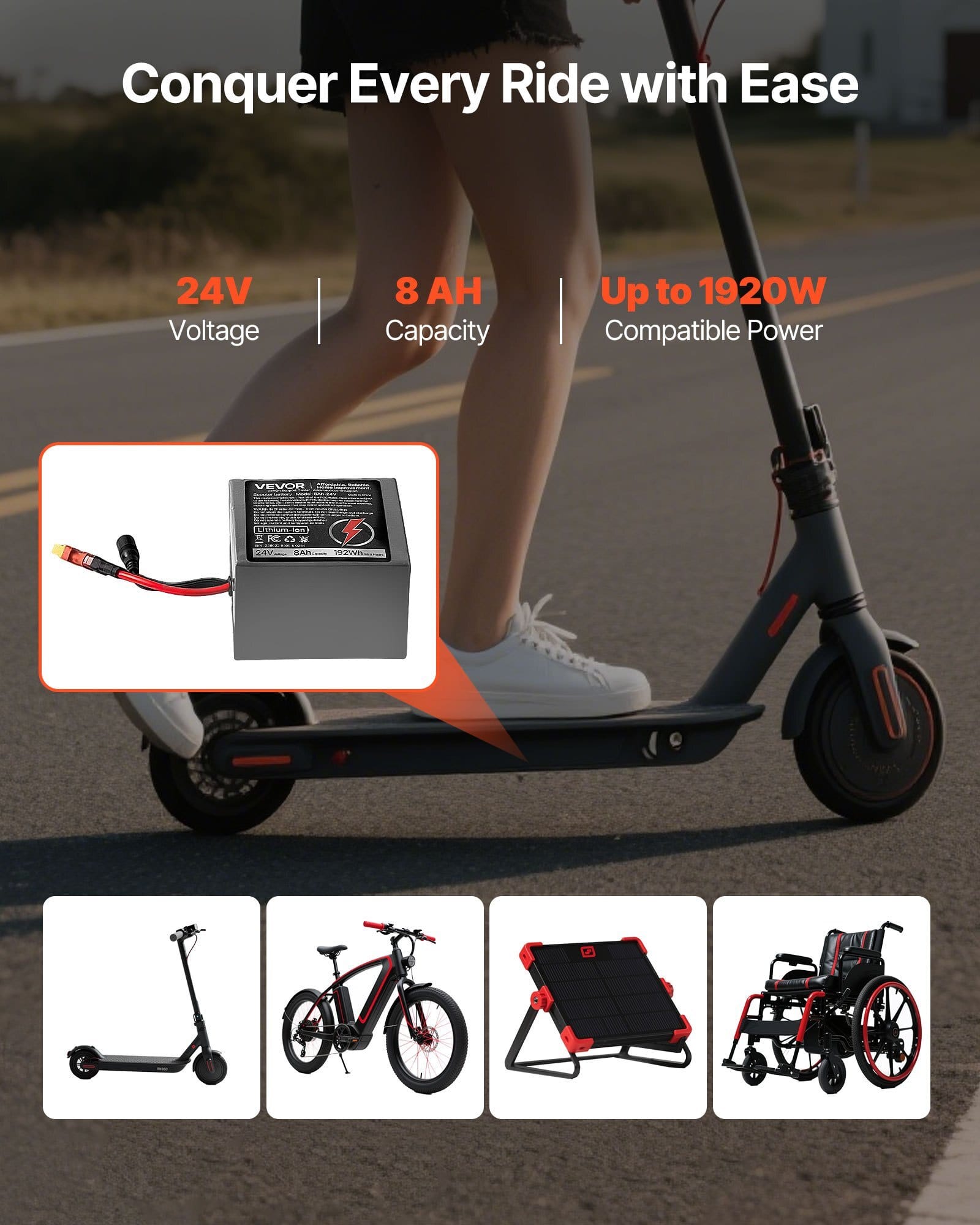 24V Electric Scooter Battery, 8Ah, Ebike Lithium Battery Pack with 30A BMS, Charger, T-Plug Expansion Cable, 500+ Cycles, Compatible with 1920W Motors, for Electric Bikes Bicycles, Scooters