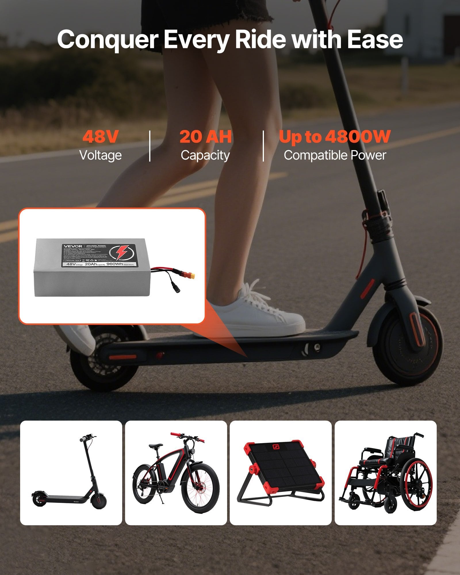 48V Electric Scooter Battery, 20Ah, Ebike Lithium Battery Pack with 30A BMS, Charger, T-Plug Expansion Cable, 500+ Cycles, Compatible with 4800W Motors, for Electric Bikes Bicycles, Scooters