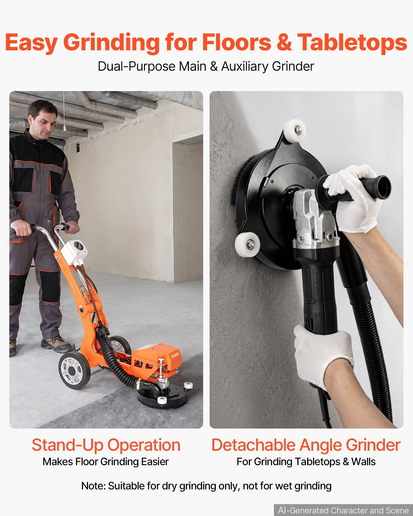 Electric Concrete Grinder, 1400W 3600 RPM, Walk Behind Floor Polisher, Marble, Stone, Epoxy Floor Polishing, 7 in Grinding Disc, Adjustable Handle, with Vacuum Port, Dual Debris Control, Orange