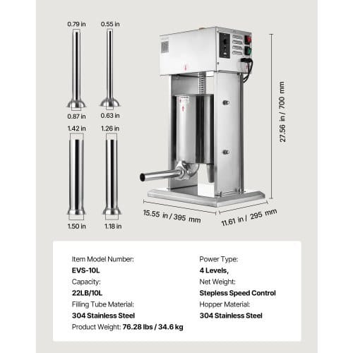 Electric Sausage Stuffer, 22 LBS / 10 L Vertical Meat Stuffer, Stepless Speed Control and Foot Pedal, Stainless Steel Heavy Duty Sausage Filler with 4 Stuffing Tubes, for Commercial & Home Use - Image 6