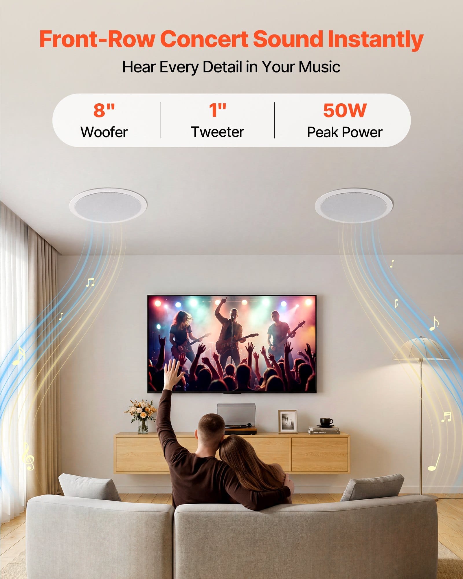 Bluetooth Ceiling Speakers, 8", In Ceiling & In-Wall Speaker System with Amplifier, 2-Way Flush Mount Speakers, for Damp Humid Placement, Home Theater, Living Room, or Covered Patio, 1 Pair