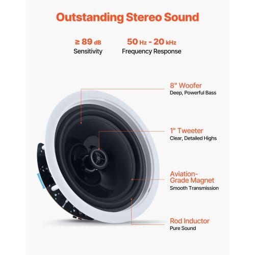 Bluetooth Ceiling Speakers, 8", In Ceiling & In-Wall Speaker System with Amplifier, 2-Way Flush Mount Speakers, for Damp Humid Placement, Home Theater, Living Room, or Covered Patio, 1 Pair - Image 3