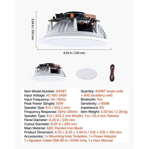 Bluetooth Ceiling Speakers, 8", In Ceiling & In-Wall Speaker System with Amplifier, 2-Way Flush Mount Speakers, for Damp Humid Placement, Home Theater, Living Room, or Covered Patio, 1 Pair - Image 6