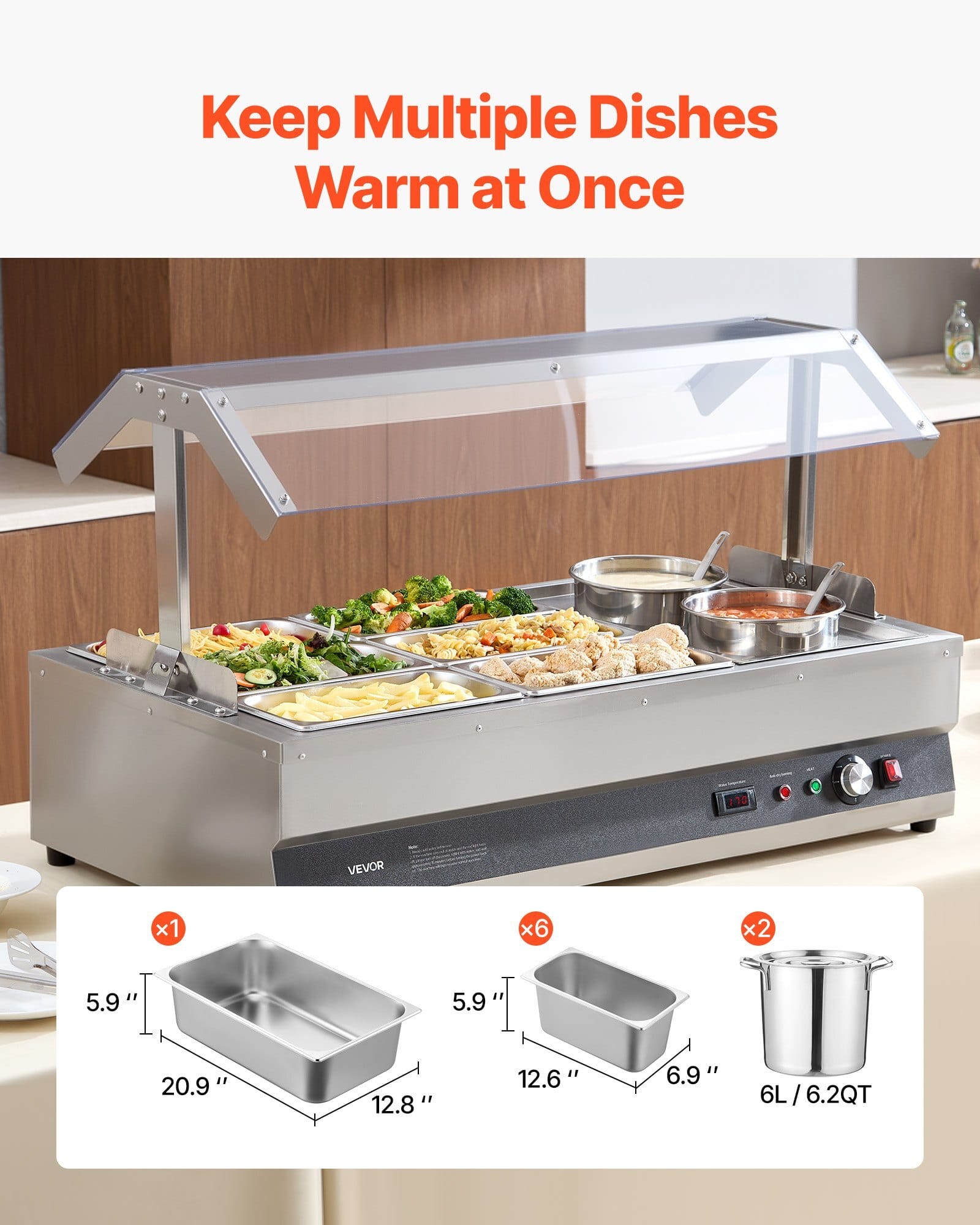 Electric Soup Warmer, Two 6.34QT Pots & Six 1/3 Pans, Stainless Steel Commercial Food Warmer with 86~185?&deg;F Adjustable Temp, 1500W Bain Marie with Cover, Soup Station for Restaurant, Buffet