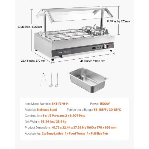 Electric Soup Warmer, Two 6.34QT Pots & Six 1/3 Pans, Stainless Steel Commercial Food Warmer with 86~185?°F Adjustable Temp, 1500W Bain Marie with Cover, Soup Station for Restaurant, Buffet - Image 6