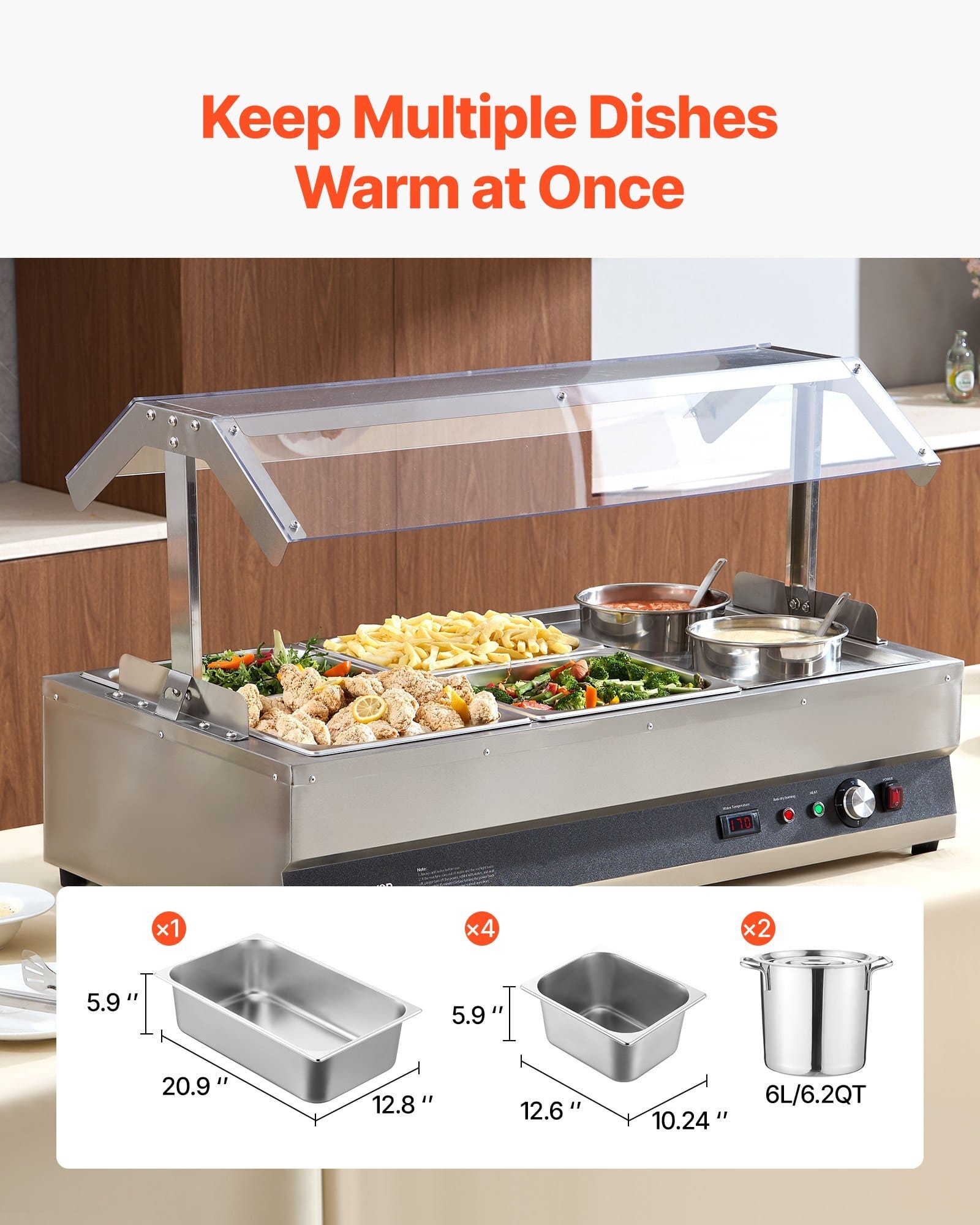 Electric Soup Warmer, Two 6.34QT Pots & Four 1/2 Pans, Stainless Steel Commercial Food Warmer with 86~185?&deg;F Adjustable Temp, 1500W Bain Marie with Cover, Soup Station for Restaurant, Buffet