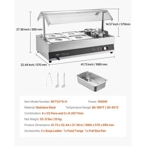 Electric Soup Warmer, Two 6.34QT Pots & Four 1/2 Pans, Stainless Steel Commercial Food Warmer with 86~185?°F Adjustable Temp, 1500W Bain Marie with Cover, Soup Station for Restaurant, Buffet - Image 6