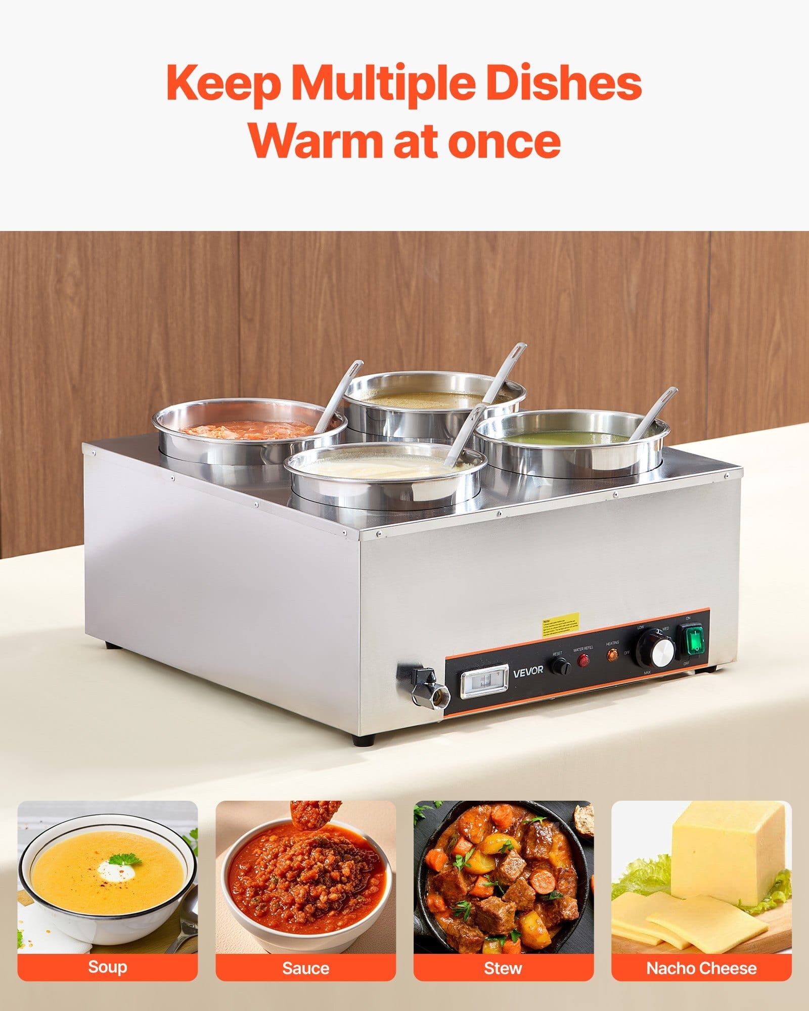 Electric Soup Warmer, Four 6.34QT Stainless Steel Round Pot with 86~185?&deg;F Adjustable Temp, 1500W Commercial Bain Marie with Anti-dry Burn and Reset Button, Soup Station for Restaurant, Buffet