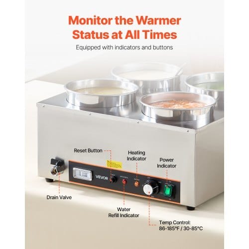 Electric Soup Warmer, Four 6.34QT Stainless Steel Round Pot with 86~185?°F Adjustable Temp, 1500W Commercial Bain Marie with Anti-dry Burn and Reset Button, Soup Station for Restaurant, Buffet - Image 3