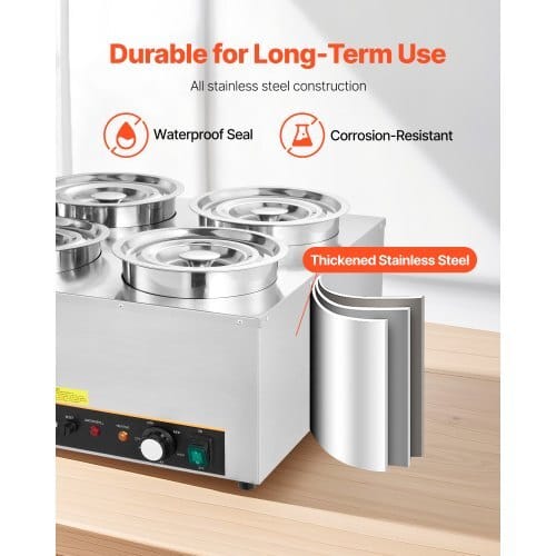 Electric Soup Warmer, Four 6.34QT Stainless Steel Round Pot with 86~185?°F Adjustable Temp, 1500W Commercial Bain Marie with Anti-dry Burn and Reset Button, Soup Station for Restaurant, Buffet - Image 5