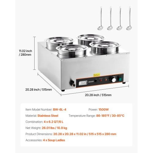 Electric Soup Warmer, Four 6.34QT Stainless Steel Round Pot with 86~185?°F Adjustable Temp, 1500W Commercial Bain Marie with Anti-dry Burn and Reset Button, Soup Station for Restaurant, Buffet - Image 6