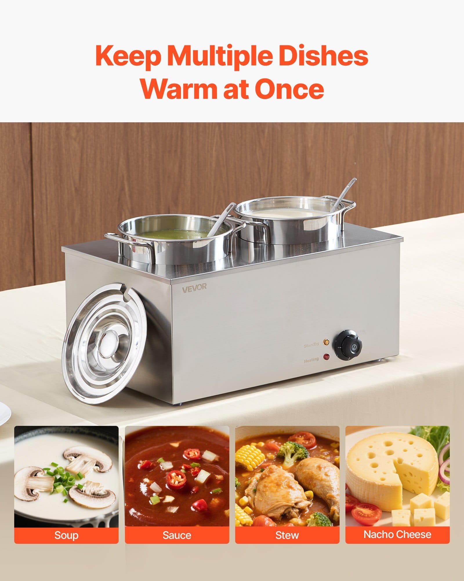Electric Soup Warmer, Two 6.34QT Stainless Steel Round Pot with 86~185?&deg;F Adjustable Temp, 1200W Commercial Bain Marie Compatible with Pans, Soup Station for Restaurant, Buffet