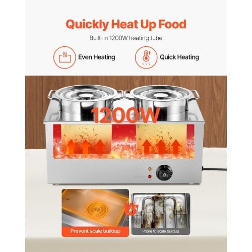 Electric Soup Warmer, Two 6.34QT Stainless Steel Round Pot with 86~185?°F Adjustable Temp, 1200W Commercial Bain Marie Compatible with Pans, Soup Station for Restaurant, Buffet - Image 3
