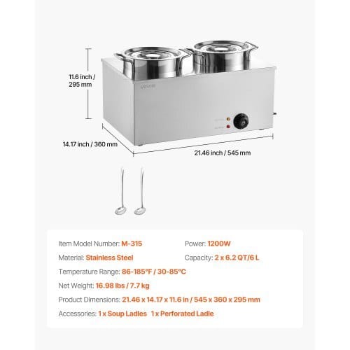 Electric Soup Warmer, Two 6.34QT Stainless Steel Round Pot with 86~185?°F Adjustable Temp, 1200W Commercial Bain Marie Compatible with Pans, Soup Station for Restaurant, Buffet - Image 6