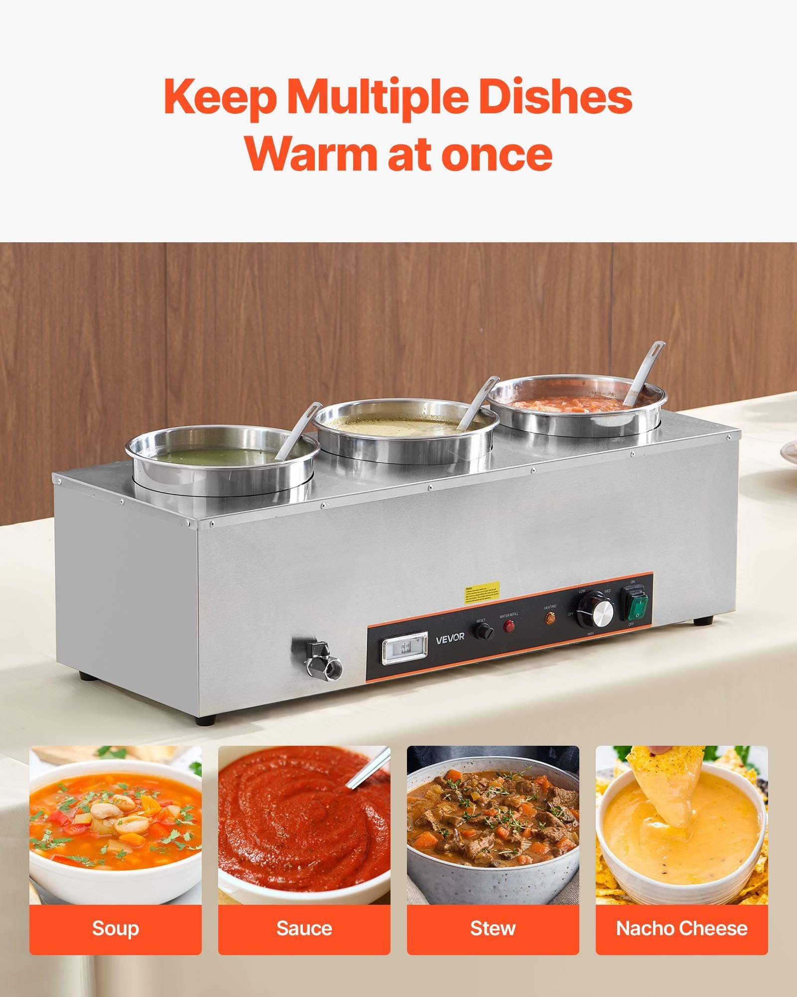 Electric Soup Warmer, Three 6.34QT Stainless Steel Round Pot with 86~185?&deg;F Adjustable Temp, 1500W Commercial Bain Marie with Anti-dry Burn and Reset Button, Soup Station for Restaurant, Buffet