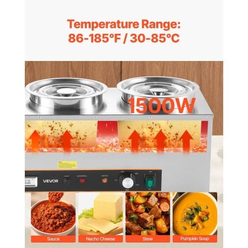 Electric Soup Warmer, Three 6.34QT Stainless Steel Round Pot with 86~185?°F Adjustable Temp, 1500W Commercial Bain Marie with Anti-dry Burn and Reset Button, Soup Station for Restaurant, Buffet - Image 2