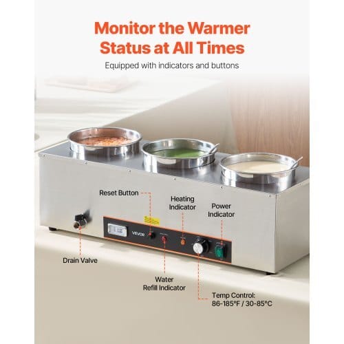 Electric Soup Warmer, Three 6.34QT Stainless Steel Round Pot with 86~185?°F Adjustable Temp, 1500W Commercial Bain Marie with Anti-dry Burn and Reset Button, Soup Station for Restaurant, Buffet - Image 3