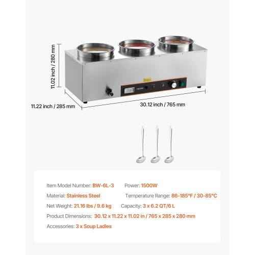 Electric Soup Warmer, Three 6.34QT Stainless Steel Round Pot with 86~185?°F Adjustable Temp, 1500W Commercial Bain Marie with Anti-dry Burn and Reset Button, Soup Station for Restaurant, Buffet - Image 6