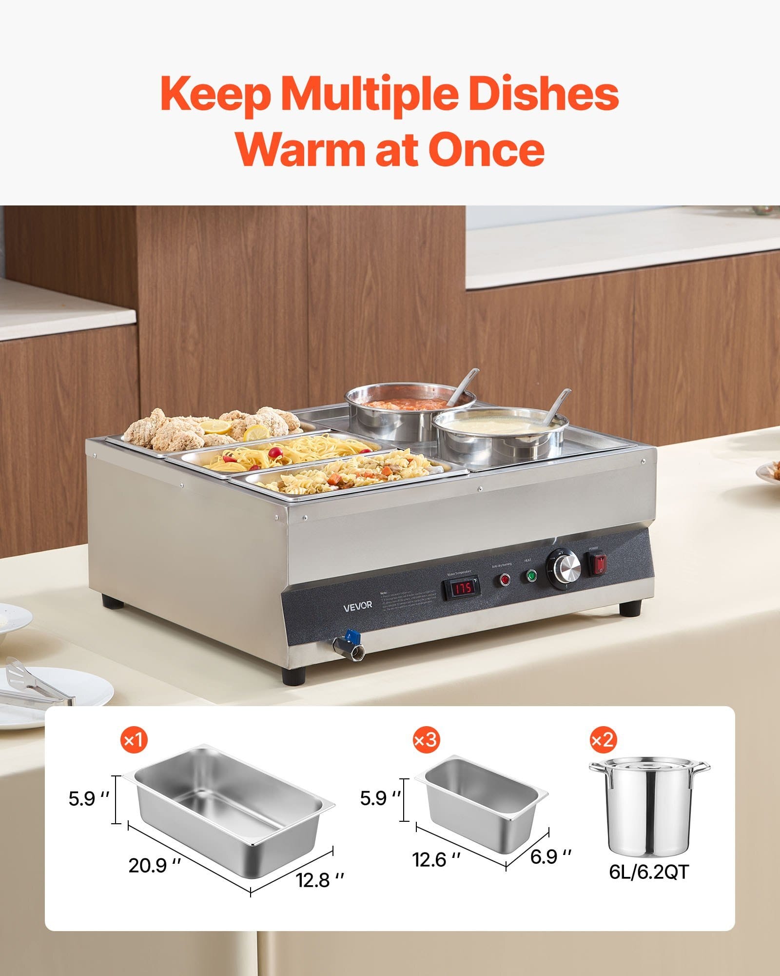 Electric Soup Warmer, Two 6.34QT Pots & Three 1/3 Pans, Stainless Steel Commercial Food Warmer with 86~185?&deg;F Adjustable Temp, 1500W Bain Marie, Soup Station for Restaurant, Buffet