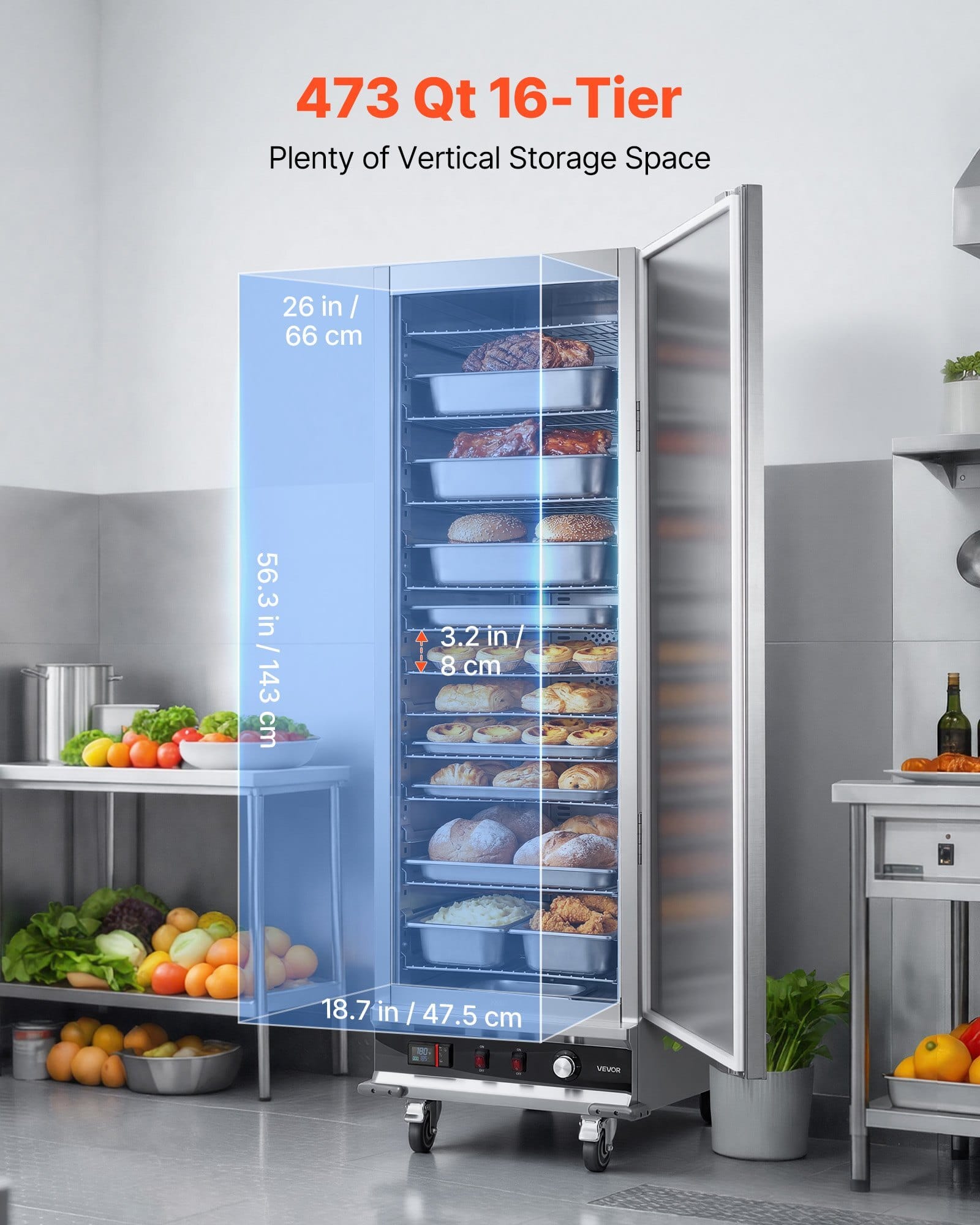 Electric Hot Box Food Warmer, 16-Tier Commercial Warming Cabinet with Water Tray, Single-Door and Adjustable Shelves, Stainless Steel Food Warmer Cabinet, for Restaurant, Kitchen, Pizza, Chicken