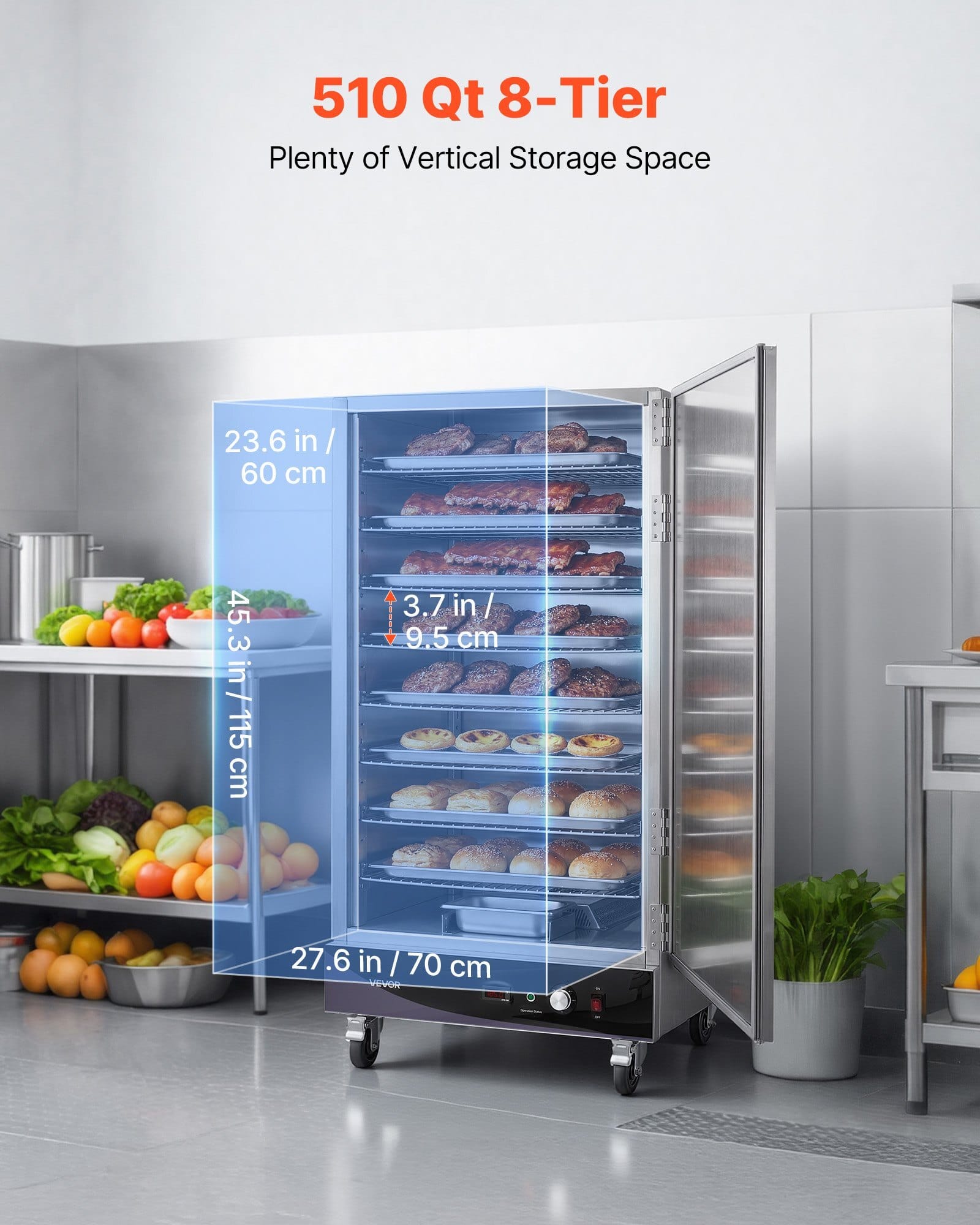 Electric Hot Box Food Warmer, 8-Tier Commercial Warming Cabinet with Water Tray, Single-Door and Adjustable Shelves, Stainless Steel Food Warmer Cabinet, for Restaurant, Kitchen, Pizza, Chicken