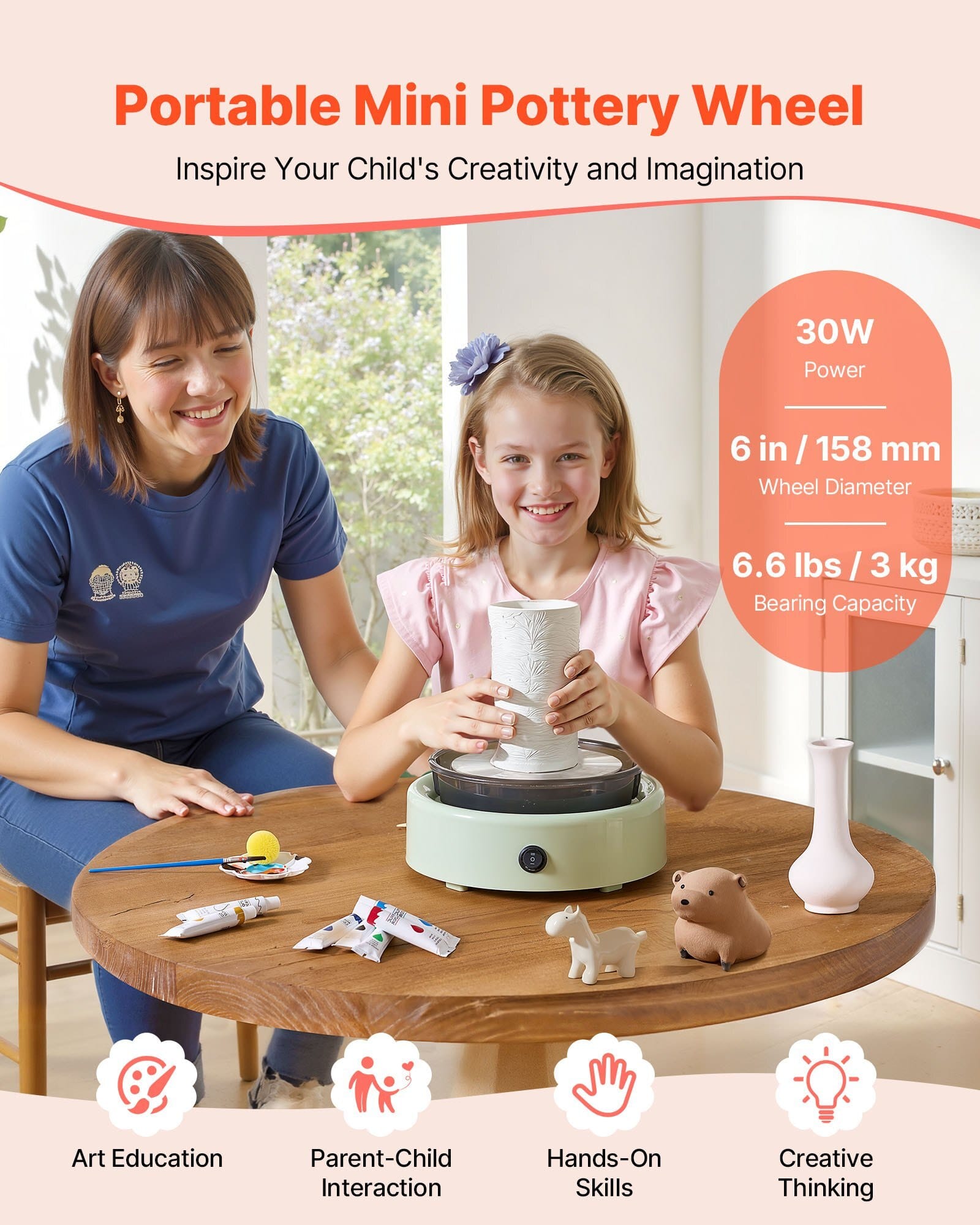 Mini Pottery Wheel, 6 inch Turntable, Forward and Reverse Rotation, Adjustable Speed, Electric Clay Wheel for Kids and Beginners, with Shaping Tools, for Home DIY, Pottery Classes, Green