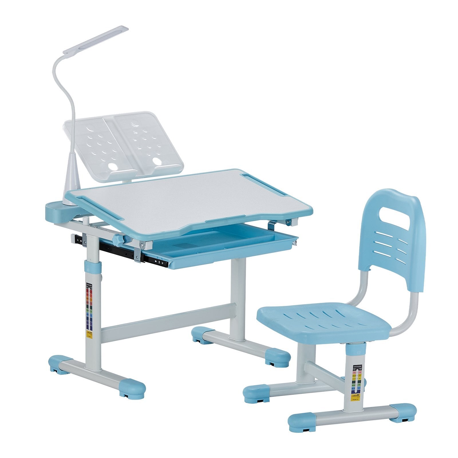 Kids Study Chair and Desk Set, Study Desk and Chair for Kids with Table Lamp, Adjustable Height & 0-40 Tilted Desktop Kids Desk and Chair, Children Study Table for Bedroom & Study Room, Blue